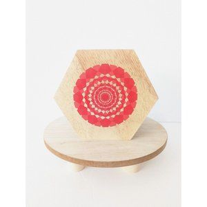 BoConcept Wooden Box w Print Geo Mandala Design Orange Red Hexagon Trinket NIB